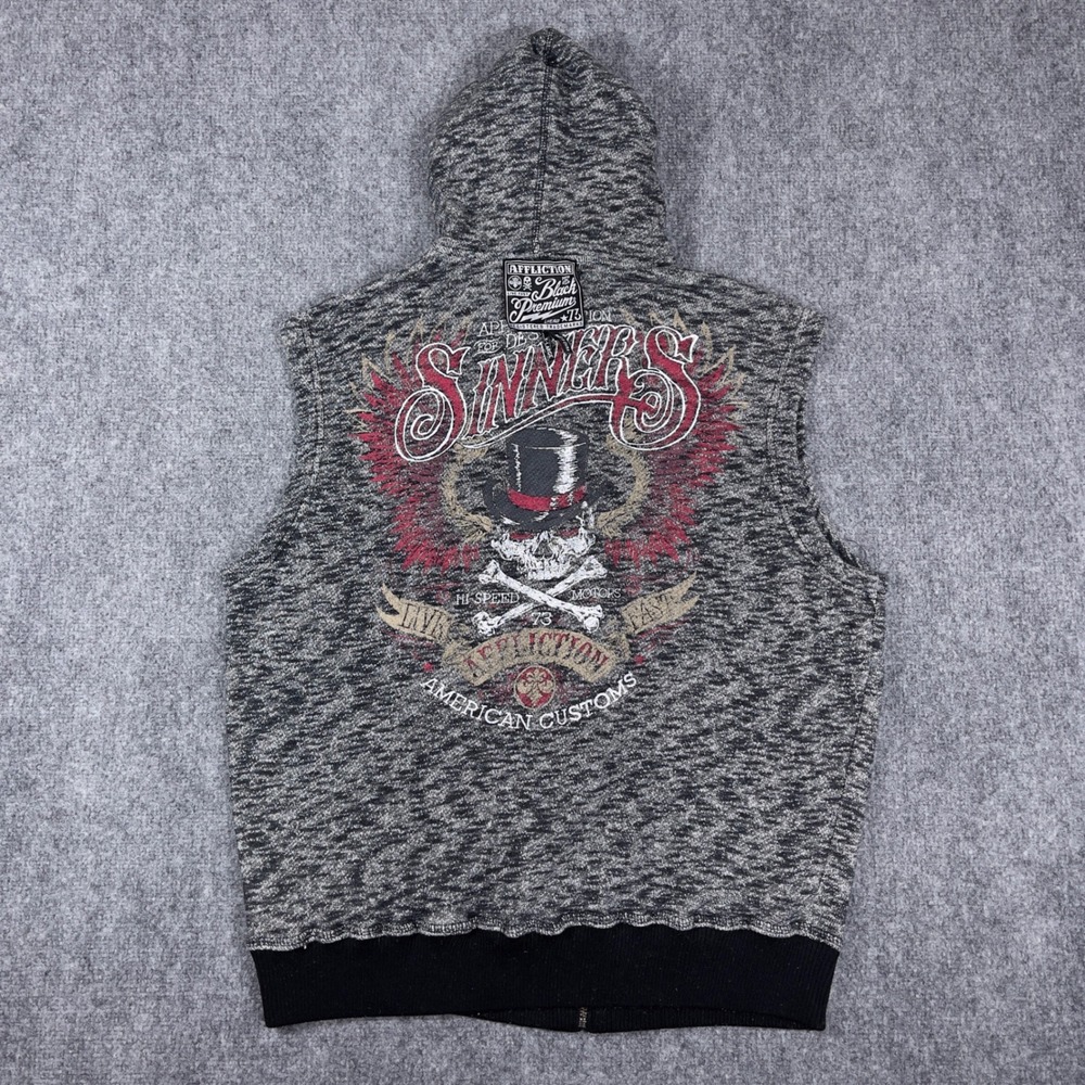 Y2K Affliction Sleeveless Hoodie Mens XL Grey Sinners Skull Graphic Zip Vest